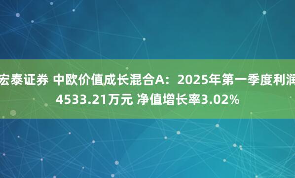 宏泰证券 中欧价值成长混合A：2025年第一季度利润4533.21万元 净值增长率3.02%